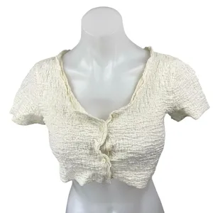 Urban Outfitters Cream Crinkle Textured Short Sleeve Button Down Crop Top Size M thumbnail 1