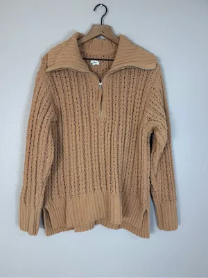 Aerie Cable Car Knit Quarter Zip Pullover Sweater Warm Camel size Medium $98 thumbnail 4