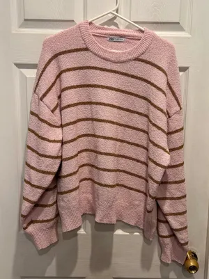 ZARA Women's Pink Brown Stripe Cozy Chenille Knit Sweater‎ Pullover Size Large thumbnail 1