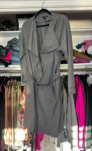 Hugo Boss gray belted waterfall v neck collared trench mid length dress M thumbnail 20