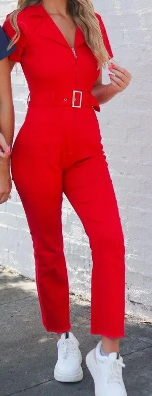 Red Denim Jumpsuit Size L thumbnail 1