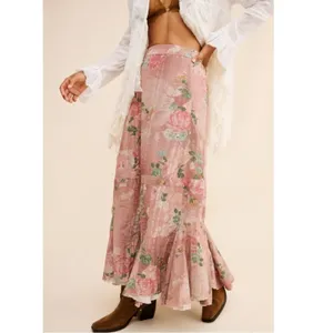 Free People Ethereal Dainty Cottage Prairie Bordeaux Floral Maxi Skirt Large thumbnail 7