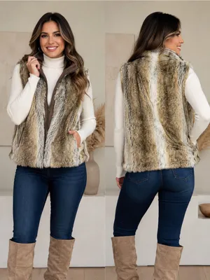 Weatherproof Reversible Faux Fur Vest Brown Beige Size M thumbnail 3