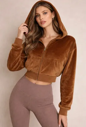 Brown Velour Cropped Zip Hoodie Y2K Cozy Lounge Jacket Small thumbnail 1