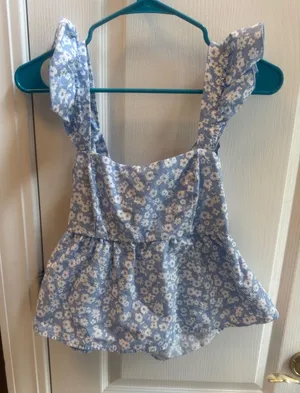 Altar'd State Blue and White Floral Ruffle Strap Peplum Top thumbnail 1