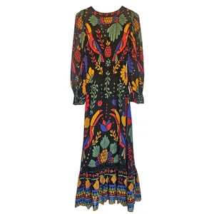 Farm Rio Black Tropical Toucan Floral V-Neck Maxi Dress XS Long Puff Sleeve Boho thumbnail 11