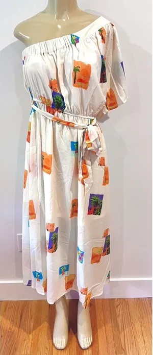 New Entro One-shoulder Maxi Dress Sz L Elastic Waist Loose thumbnail 1