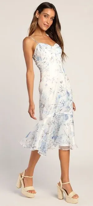 Beautiful Memories White Floral Print Trumpet Midi Dress - Size L thumbnail 1