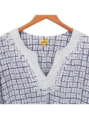 Roberta Roller Rabbit Tunic Top Blue White Print Silver Embroidered V-neck M thumbnail 2