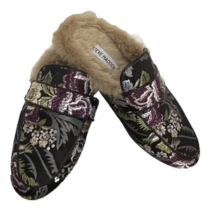 Steve‎ Madden Kaden Mules Women 7.5 Black Floral Brocade Faux Fur Lined KADE01S1 thumbnail 1
