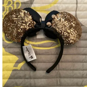 NWOT Disney Parks Minnie Mouse ear headband gold sequined black bow n polka dots thumbnail 2