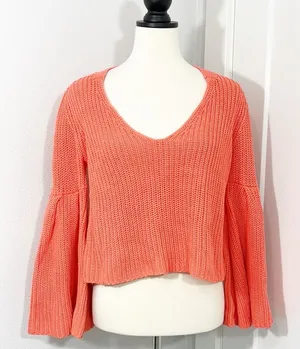 Free People XS Orange Damsel Cropped Bell Sleeve V-Neck Sweater thumbnail 1