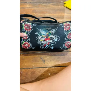 ED HARDY Y2K Black Red True Til Death Faux Leather Roses Shoulder Bag Purse thumbnail 8