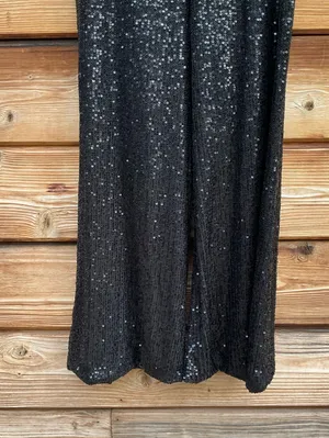 Mac Duggal Black XS Sequin Feather Trim Flare Leg V Neck Pants Jumpsuit thumbnail 10