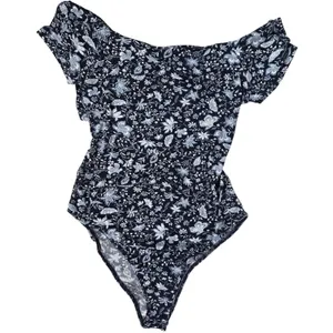 Lush Floral Off Shoulder‎ Ruffle Bodysuit XL Blueberry Cream T13052B-047 Navy thumbnail 1