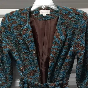 Erin London Jacket Women's Medium Brown Blue Long Sleeve Fuzzy Belted Blazer thumbnail 3