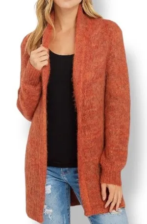 Vintage Knit Wool Blend Open Front Longline‎ Cardigan Sweater Orange Medium Cozy thumbnail 1