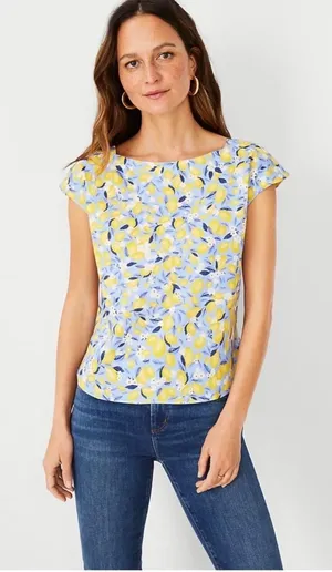 Ann Taylor Women Linen Top Small Blue Yellow Lemon Fruit Blouson‎ Gasset Resort thumbnail 1