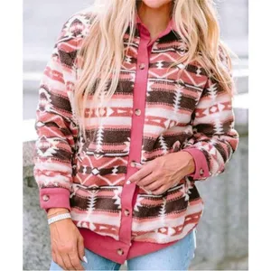 Aztec Patterned boho Pink fuzzy button up shacket Cardigan sweater size medium thumbnail 3
