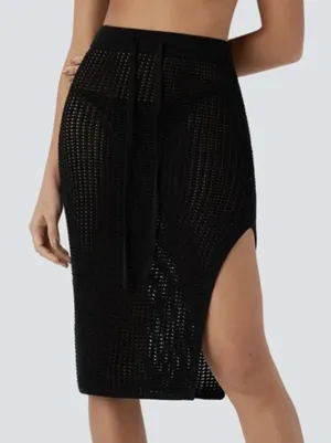 Halara Mesh Crochet Open Knit Midi Skirt Drawstring Size M Black Resort Coverup thumbnail 2