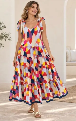 THML Multicolor Abstract V-Neck Sleeveless Rayon Maxi Dress Sz Medium thumbnail 1