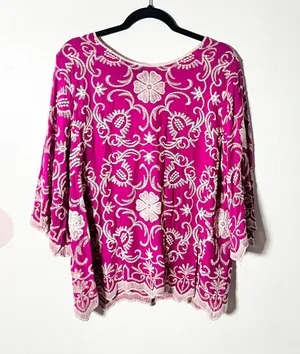 Anthropologie Solitaire Peasant Top XL Pink Floral Embroidered Boho thumbnail 1
