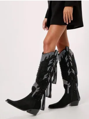 Nasty Gal Black Studded Diamante Suede Cowboy Fringe Boots thumbnail 1