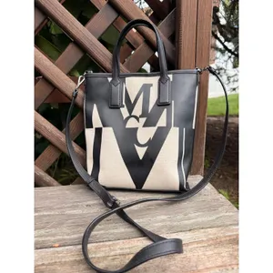 MCM Glitch Logo Mini Shopper Tasche Tote Bag Canvas Crossbody Black Beige thumbnail 2