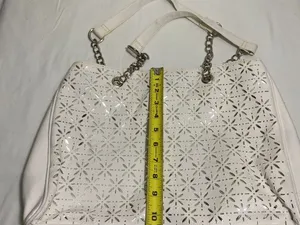 White Faux Leather Tote Bag Silver Floral Cutout Shoulder Purse Chain Handles thumbnail 12
