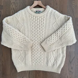Anthropologie Vintage Celtic Country 100% Wool Irish Cable Knit Crew Neck Sweater Cream Large thumbnail 1