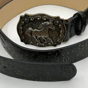Women's Black Faux Leather Western Belt w/ Horse Buckle, 36.5-45.5 in, X7G9A966 thumbnail 4