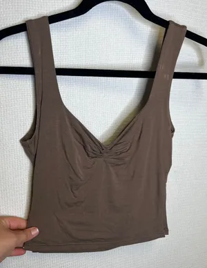 TiulZial Brown Ruched V-Neck Cropped Tank Top Sleeveless Modal Stretch XS thumbnail 1