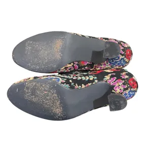 Baci Daisy Floral Tapestry Booties Faux Fur Pom Pom Kitten Heel Black Multi 9M thumbnail 7