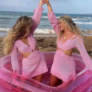 Beginning Boutique Pink Long Sleeve Crochet Dress thumbnail 4