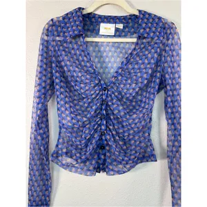 Maeve Anthropologie Blue Sheer Ruched Blouse Womens M Girly Romantic Shirt Top thumbnail 6