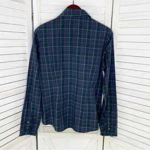 Tommy Hilfiger Plaid Ruffle Cuff Trim Button Front‎ Shirt Green Navy Medium thumbnail 10