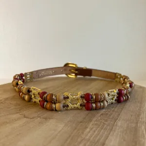 EXPRESS Vintage Brown Genuine Leather Beaded Weaved Link Gold Buckle Belt Size S/M thumbnail 2