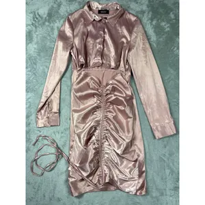 Akira Blush Pink Satin Ruched Midi Dress Large Cutout Button Front thumbnail 3