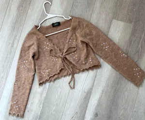 Cider Embroidered Cardigan Sweater Brown medium floral open tie front coquette thumbnail 7