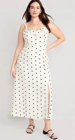 Old Navy Maxi Dress Women Medium White Polka Dot Ruffle Linen Blend Cami Retro thumbnail 1