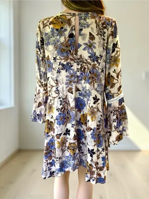 Umgee Floral Boho Tunic Mini Dress Large Bell Sleeve High Low Crochet Trim thumbnail 5