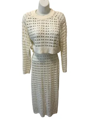 Boutique Crochet Knit Crop Top LS & Midi Pencil Skirt Ivory Open Weave Set Small thumbnail 2