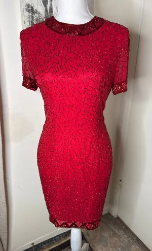 Vintage 80s AJ Bari Beaded Silk Cocktail Dress Red Sheath Petite 6 Holiday Prom thumbnail 1