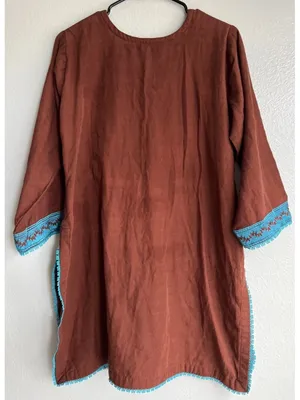 Vintage Mexican American long-sleeved Cotton tunic teal embroidered Brown floral thumbnail 2