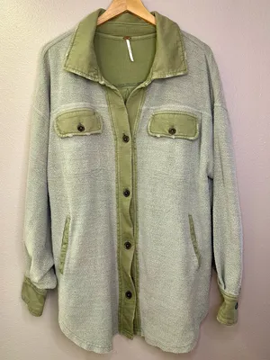 Free People Ruby Oversized Green Shacket Shirt Jacket Distressed Cotton thumbnail 2