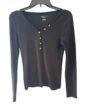 American Eagle Womens Black Ribbed Henley Long Sleeve V-Neck Top Size M‎ thumbnail 1