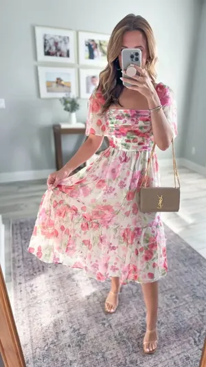 Abercrombie & Fitch Emerson Strawberry Floral Tiered Angle Sleeve Midi Dress XS thumbnail 1