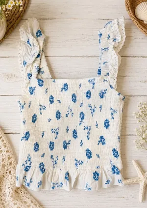 Kirious‎ LA Blue Floral Smocked Peplum Tank Cottage Summer Top M thumbnail 1