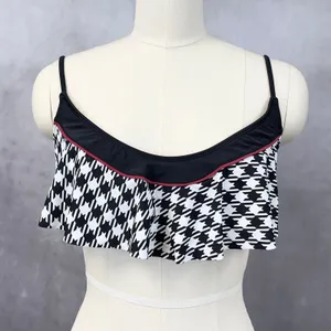 Houndstooth Bikini Top Women‎ Large Ruffle Stretch Retro Beach Preppy Chic thumbnail 2