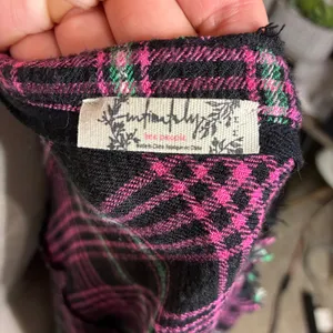Free People Pink Black Plaid Fringe Duster Flannel‎ Oversized Medium thumbnail 4